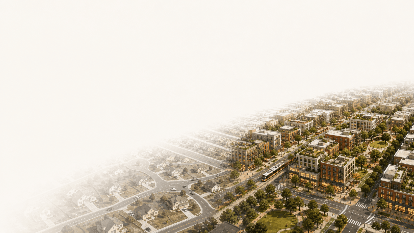 Suburban development pattern transitioning to walkable urban housing